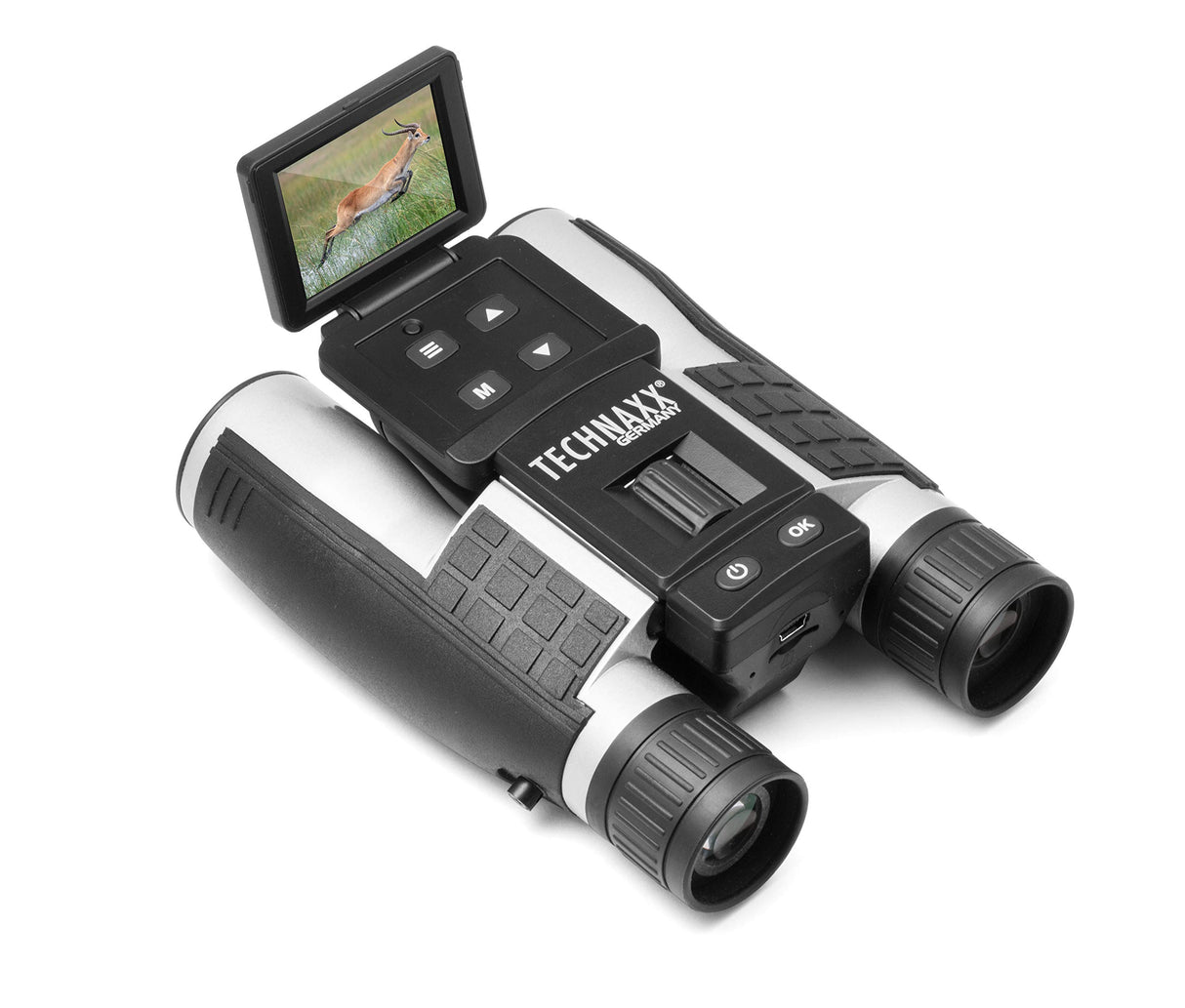 Binoculares Technaxx con Pantalla para Adultos, utilizados para observar Aves, Animales, Viajar, Cazar, Eventos Deportivos - Grabación de Video y Fotos FullHD, Zoom 4X, MicroSD - Binoculares TX-142