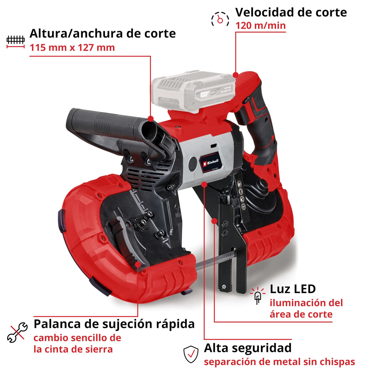 Einhell Sierra de banda con batería TE-MB 18/127 Li-Solo Power X-Change (18 V, 115 mm altura de corte, 127 mm anchura de corte, luz LED, incl. 2 bandas de sierra de metal, sin batería)