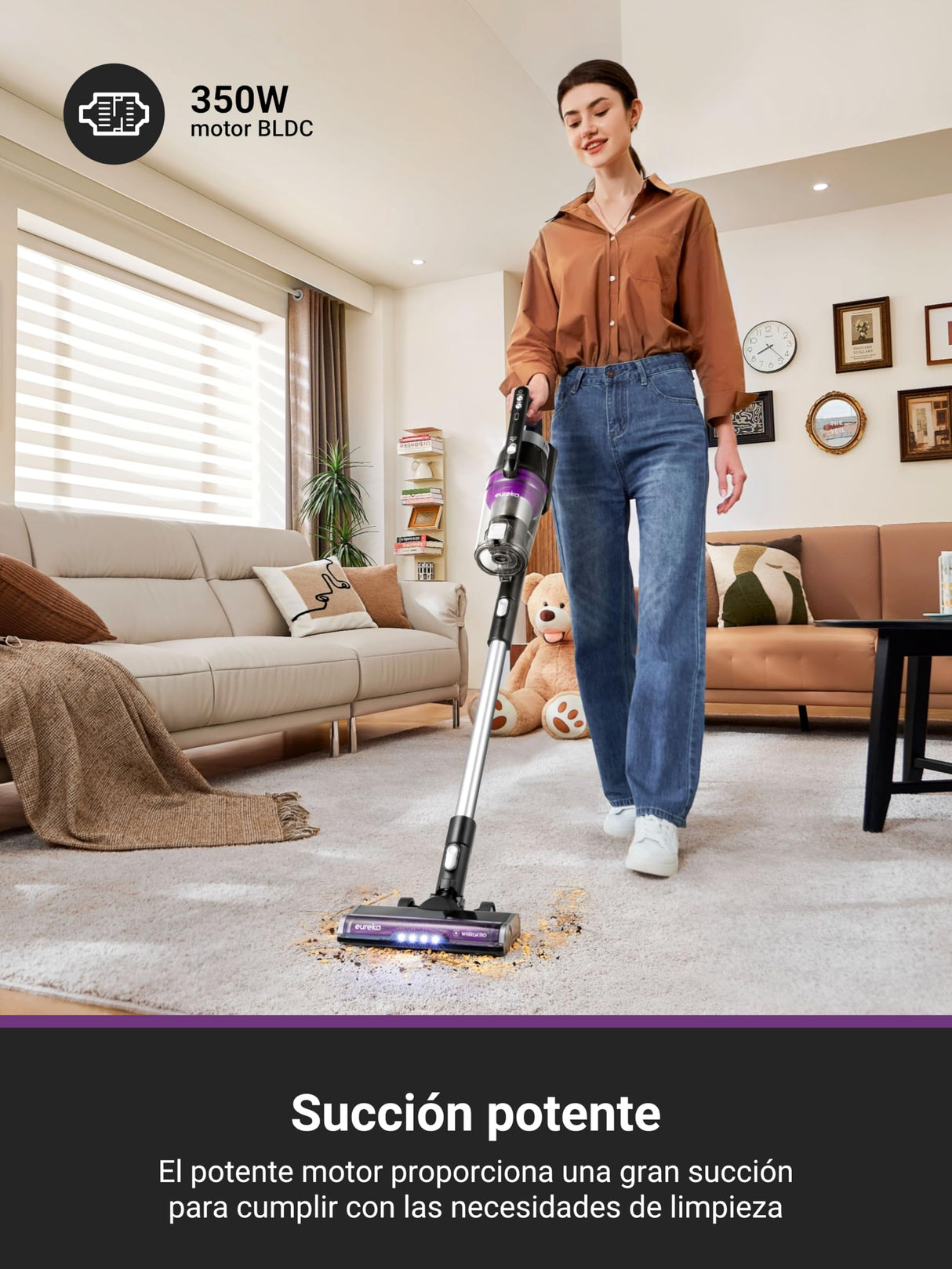 EUREKA Stylus Elite Aspiradora sin Cable con Estación de Autovaciado, 24000Pa, Bolsa 3 L, 60 Min de Autonomía, Cepillo Antienredos, Faro LED, Batería Desmontable