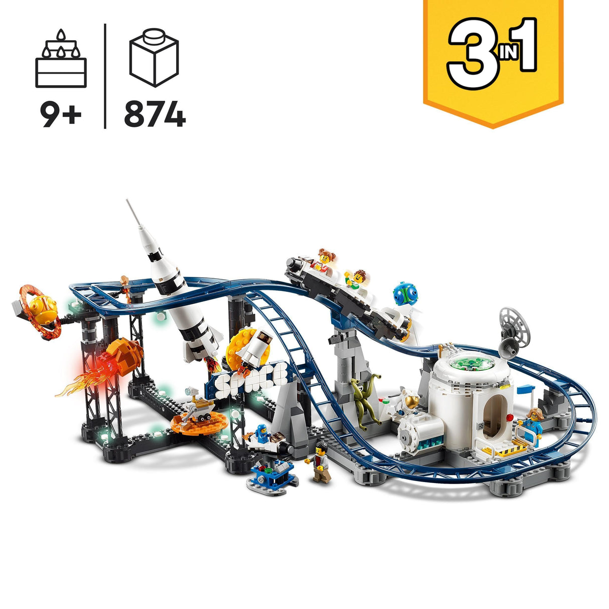 LEGO 31142 Creator 3en1 Montaña Rusa Espacial, Torre de Caída Libre o Tiovivo, Maqueta de Parque de Atracciones, Juguete de Construcción con Cohete Espacial, Planetas y Ladrillos Luminosos