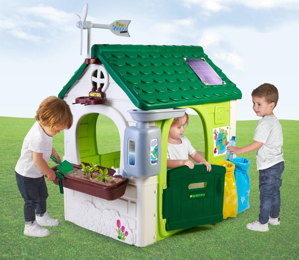 FEBER - Casa Eco House, Versión Previa, Casita de Jardín Educativa con Juegos Ecológicos, Jardinera Urbana, 2 Papeleras, Molino, para niños y niñas Amantes de la Naturaleza,2 años, Famosa (800013004)