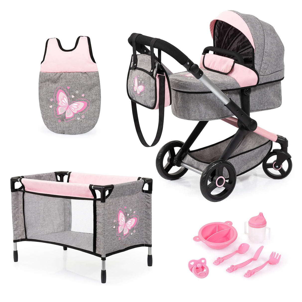 Bayer Design 17033AD Cochecito de muñeca XEO, Convertible, Regulable en Altura, Cuna de Viaje, Bolsa, Saco de Dormir, Accesorios