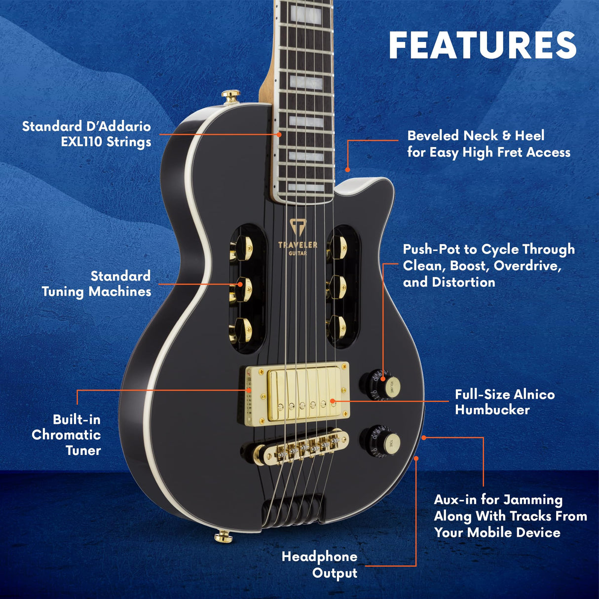 Traveler Guitar Guitarra eléctrica personalizada EG-1, negro brillante (EG1C BKG)
