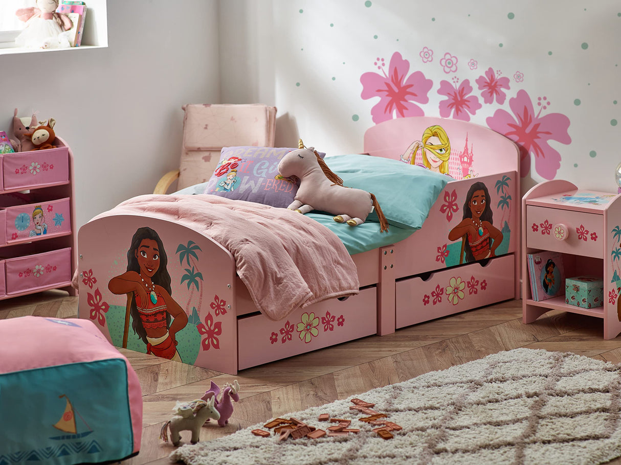Disney Princess Cama para niñas pequeñas: construcción robusta de madera manufacturada, laterales protegidos, listones de madera, se adapta a colchones de 140 x 70 cm (colchón no incluido)