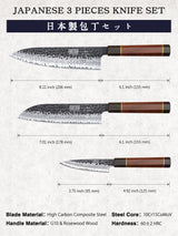 HOSHANHO Juego de Cuchillos de Cocina, Juego de 3 Piezas de Cuchillos Japones de Acero de Alto Carbono, Cuchillo de Chef Cuchillo Santoku Cuchillo para Pelar, Mango Ergonómico de Palisandro