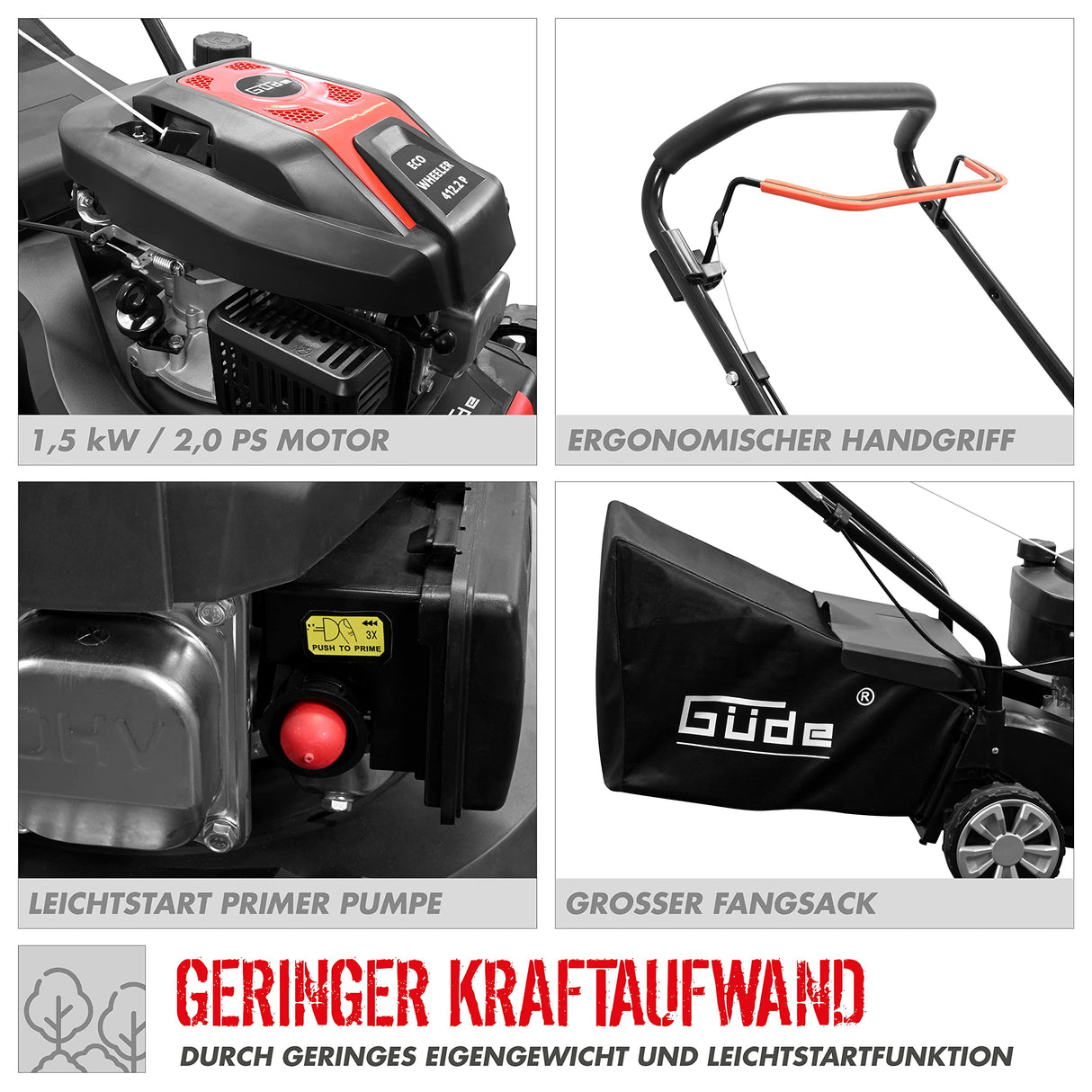 Güde Cortacésped Eco Wheeler 412.2 P (Motor: 4 Tiempos Power Engine S 241 V, Potencia del Motor: 1,5/2 kW/PS), cilindrada: 79,8 cm³, Ancho de Corte: 40,6 cm, Bolsa de Hierba de 40 l, Ajuste de Altura