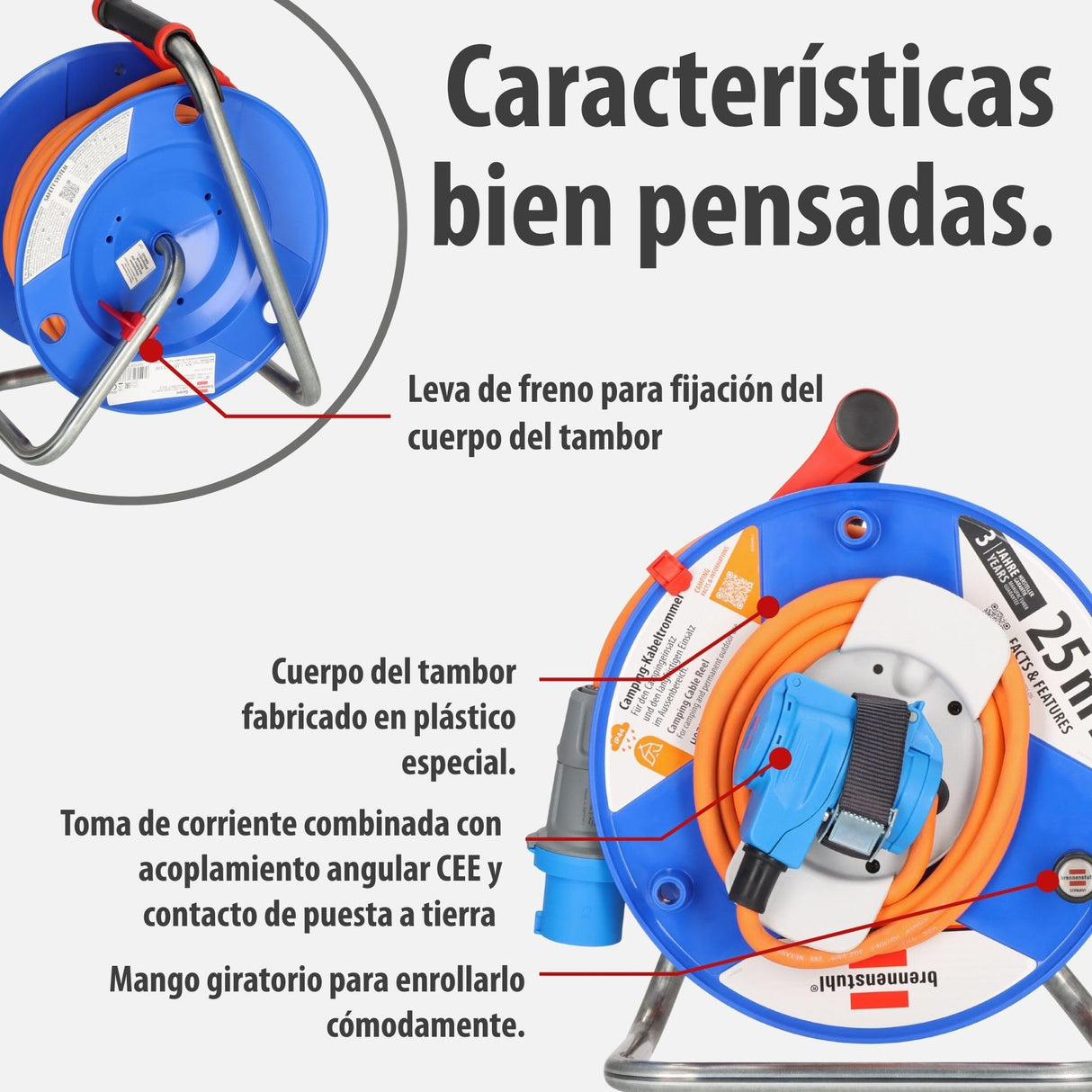 Brennenstuhl enrollacable de camping/Enrollacable CEE 230V 25m (H07RN-F 3G2,5 en naranja, acoplamiento angular CEE incl. toma combinada de contacto de protección, IP44, fabricado en alemania)