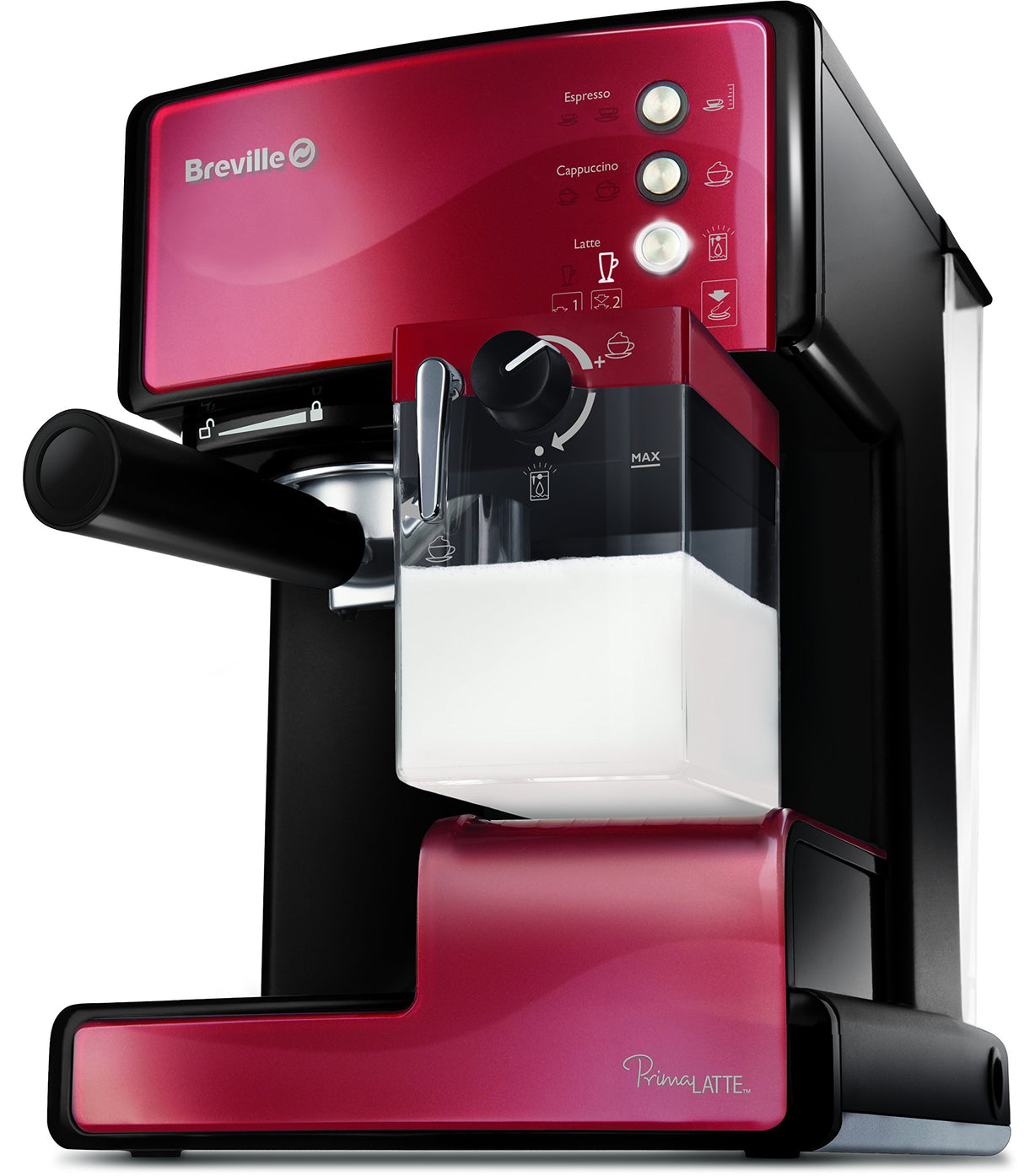 Cafetera para espresso, cappuccino y latte Breville PrimaLatte | Bomba italiana con 15 bar | Adecuado para café molido y monodosis | Depósito para tratamiento de leche integrado | Metálico/Rojo