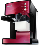 Cafetera para espresso, cappuccino y latte Breville PrimaLatte | Bomba italiana con 15 bar | Adecuado para café molido y monodosis | Depósito para tratamiento de leche integrado | Metálico/Rojo