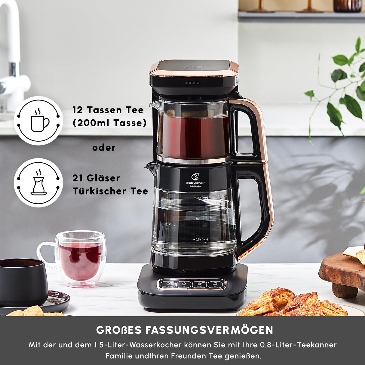 KARACA Robotea Pro Hervidor automático parlante 4 en 1 - Hervidor de agua y cafetera de filtro - 2500 W - Black Copper