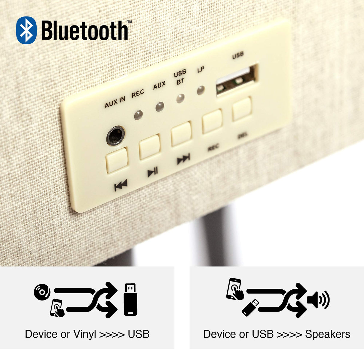 GPO Bermuda Reproductor de vinilos con patas desmontables, Bluetooth y altavoz incorporado - Azul