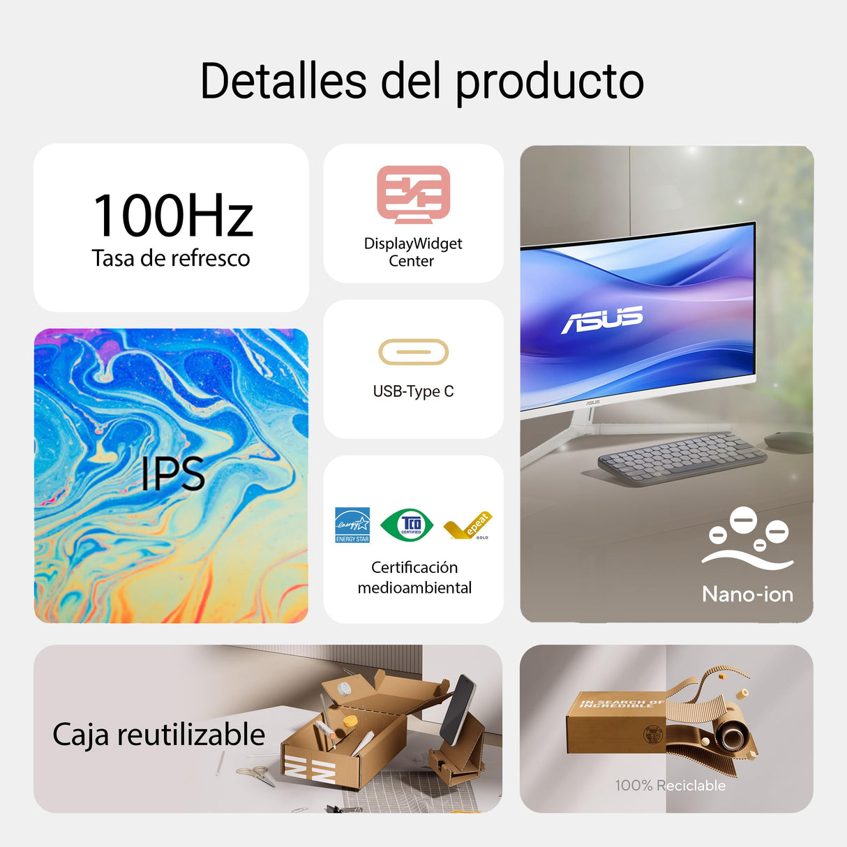 ASUS VU34WCIP-W Monitor Eye-Care WQHD de 34 Pulgadas, 3440x1440, curvatura 1500R, sin Marco, 100 Hz, ionizador de Aire, SmoothMotion, Eye Care Plus, USB-C PD 65 W, Altavoces, sostenibilidad óptima