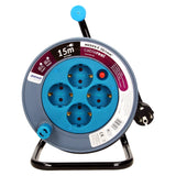 Orno AE-1339 Mini Tambor De Cable 15m con 4 tomas de corriente, soporte de metal y protección térmic (Azul)