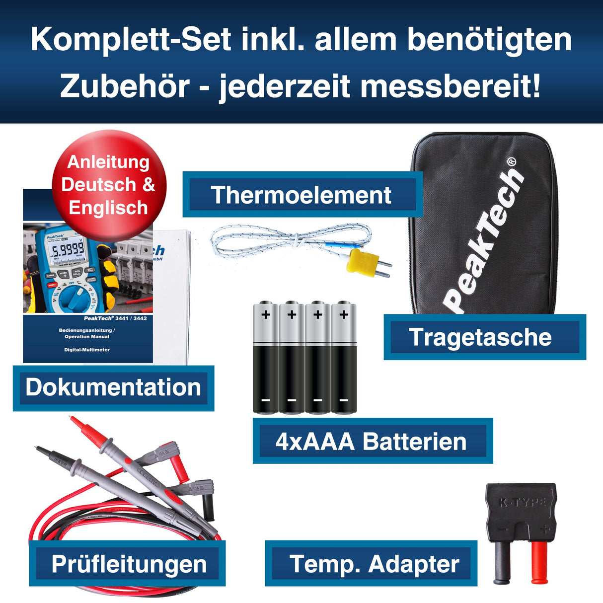 PeakTech 3441 – Multímetro digital RMS con 60,000 recuentos, multímetro de mano profesional para cables eléctricos, TUV/GS, medidor de voltaje, probador de continuidad - CAT III 1000V