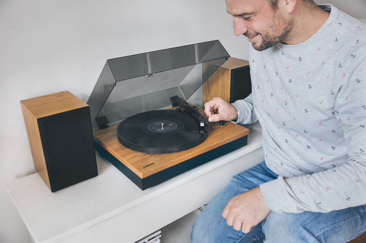 Lenco LS300WD Tocadiscos Vinilo con Altavoces - Bluetooth- Discos de Vinilo - Contrapeso Ajustable - Transmisión por Correa - MMC - RCA - Parada automática - Tapa Antipolvo - Madera