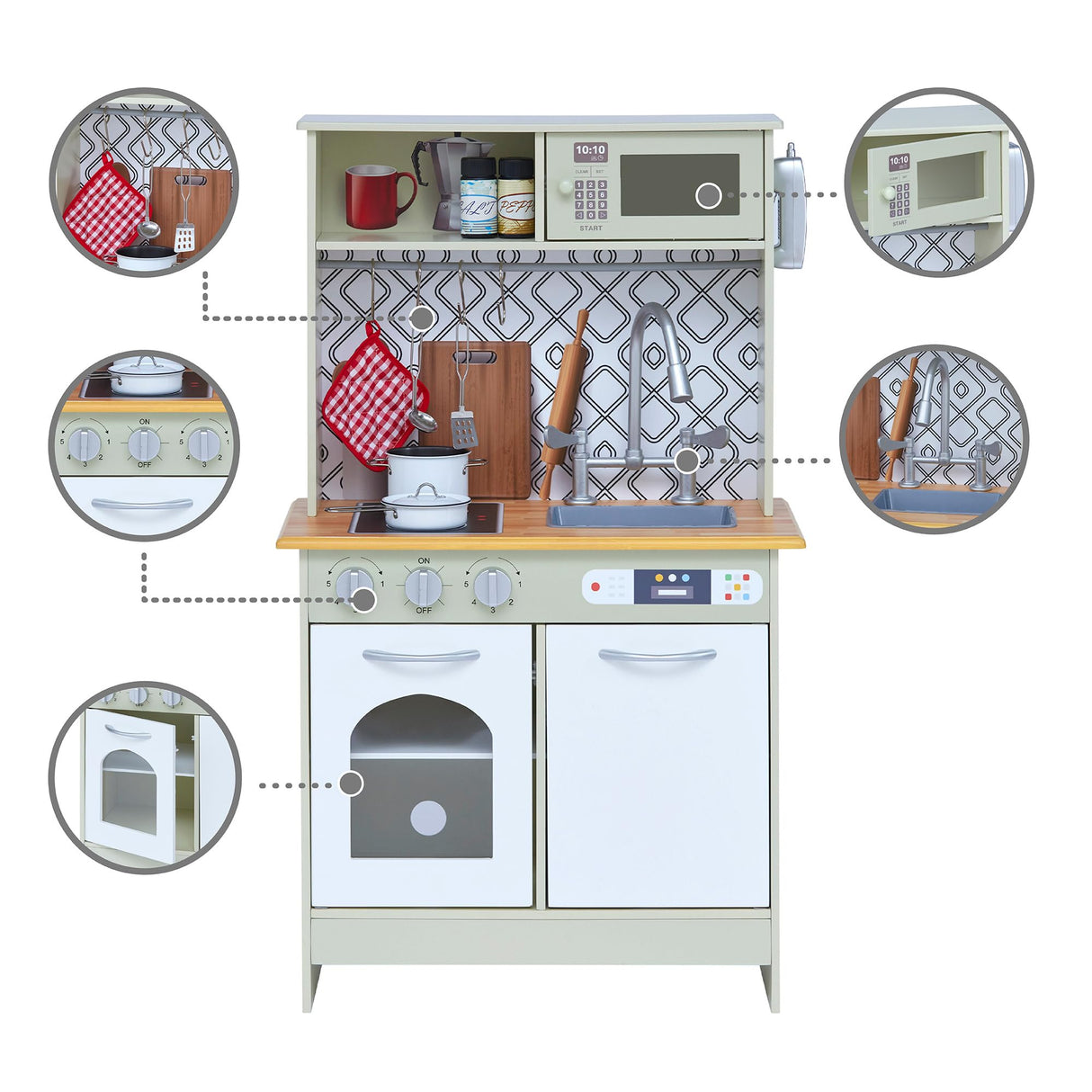 Teamson Kids Little Chef Boston Modern Farmhouse - Juego de Cocina de Madera con Funciones interactivas y 9 Accesorios de Cocina de Juego, Verde Claro/Blanco TD-12679D
