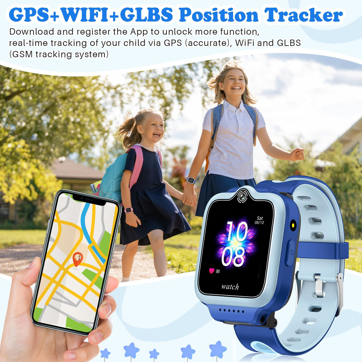 ele ELEOPTION 4G GPS Reloj Inteligente Impermeable para niños y niñas, Llamada bidireccional, Chat de Voz y vídeo, cámara, SOS, Reproductor de vídeo Musical, Alarma