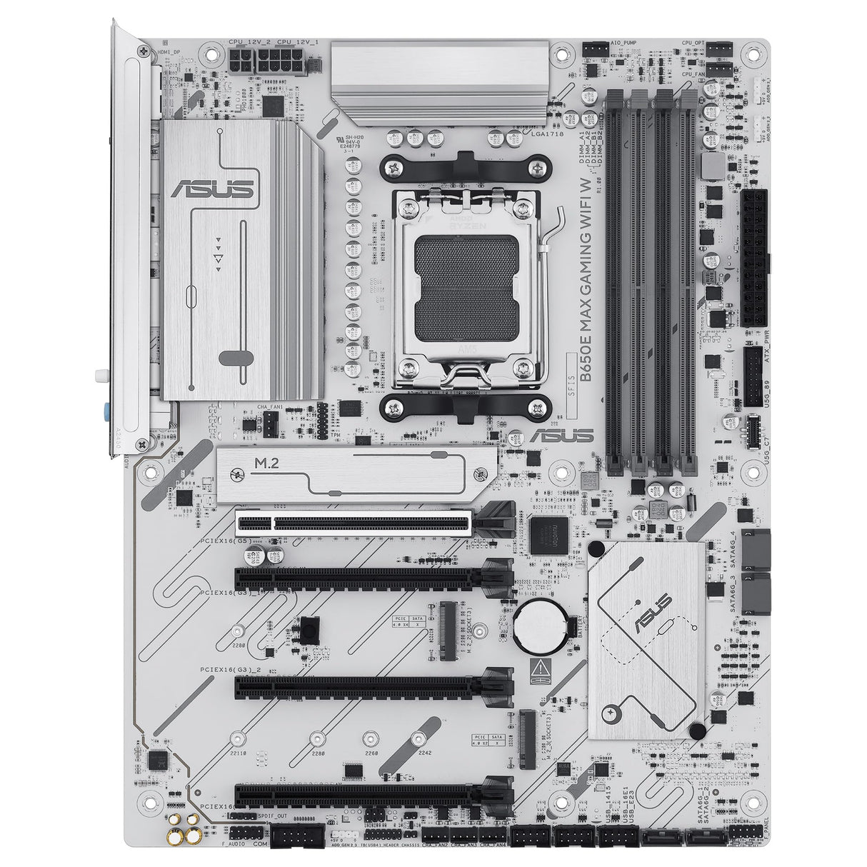 ASUS B650E MAX Gaming WiFi W - Placa Base AMD B650 ATX, Blanco, DDR5, PCIe 5.0, Ranuras M.2, Wi-Fi 6E, 2.5Gb Ethernet, DisplayPort, HDMI, USB Tipo-A y Tipo-C, BIOS Flashback, Aura Sync
