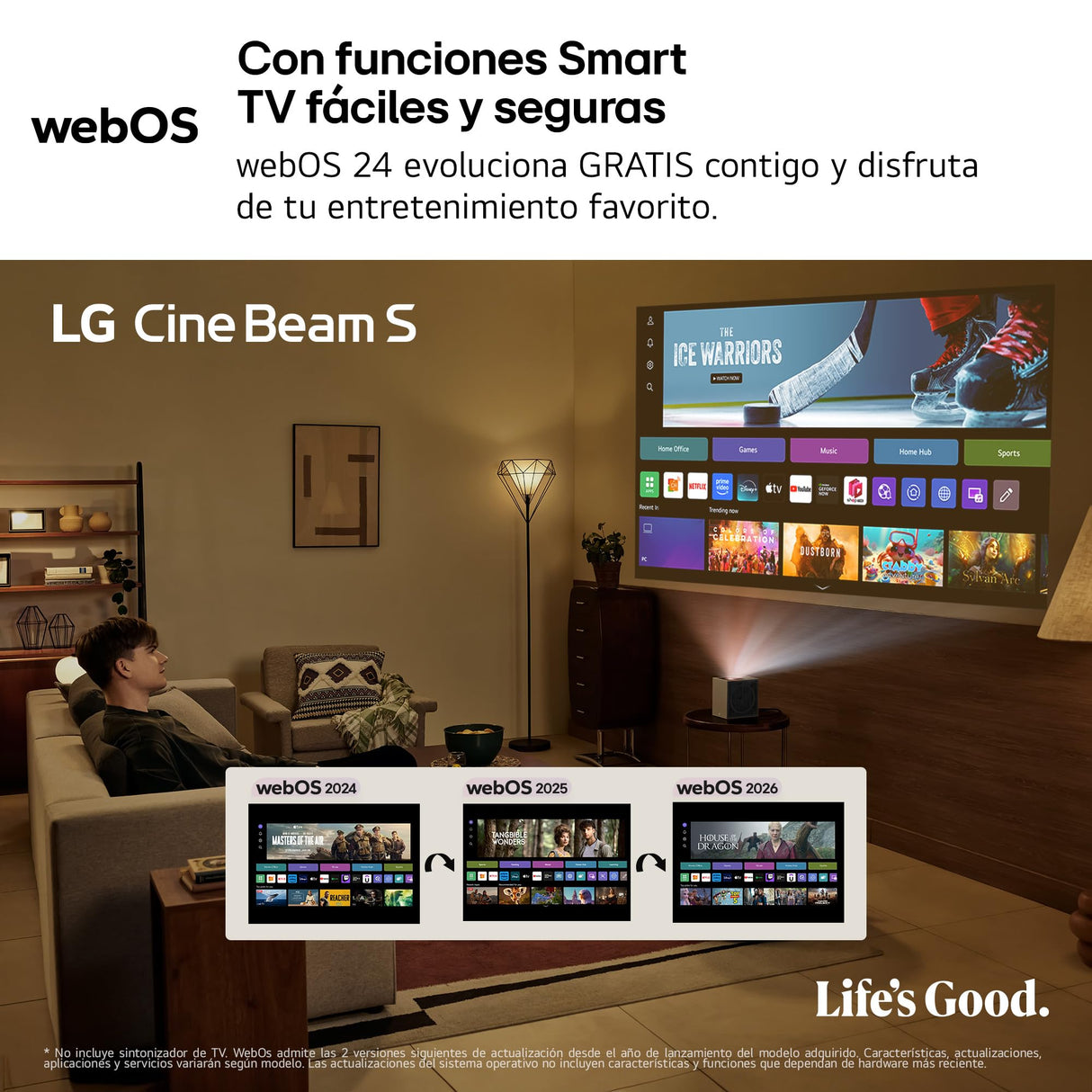 LG PU615U - Proyector CineBeam S, 4K UHD, 40 hasta 100", Smart TV con webOS, Tiro Ultra Corto, Láser RGB 500 Lúmenes, Dolby Atmos, HDMI eARC y USB-C