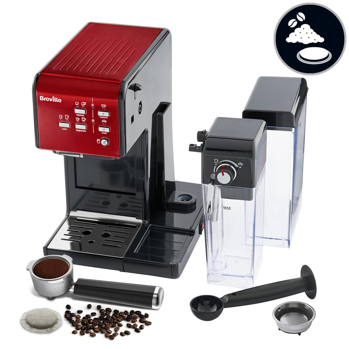 Breville Prima Latte II Espresso | Cafetera para latte y capuchino | Bomba profesional de 15 bares y espumador | Rojo [VCF109X]