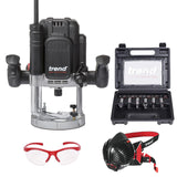 Trend T12 Kit de Inicio Definitivo para Fresado, T12EK/EU Fresadora de Inmersión de Velocidad Variable (2300W, 12mm, 230V), Juego de 6 Fresas de 12mm, Máscara y Gafas, T12/START/SET/E