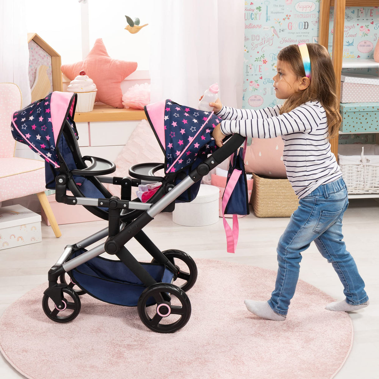 Bayer Design 26716AA Twin Xeo Cochecito de muñeca gemelas, Carrito Doble para muñecos, Altura Regulable, Ruedas Delanteras móviles, Bolsa