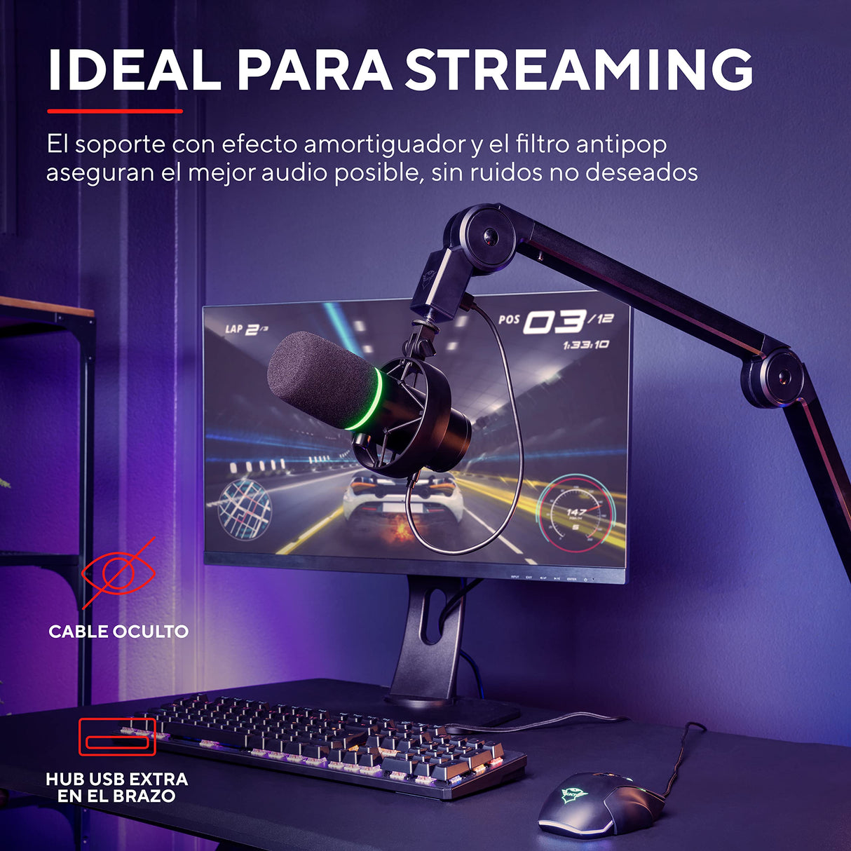 Trust Gaming 24354 GXT 255+ Onyx Micrófono Profesional con Brazo, Patrón Cardioide, con Filtro Pop, USB, LED, para Grabación, Podcasting, Streaming, Radiodifusión, Negro