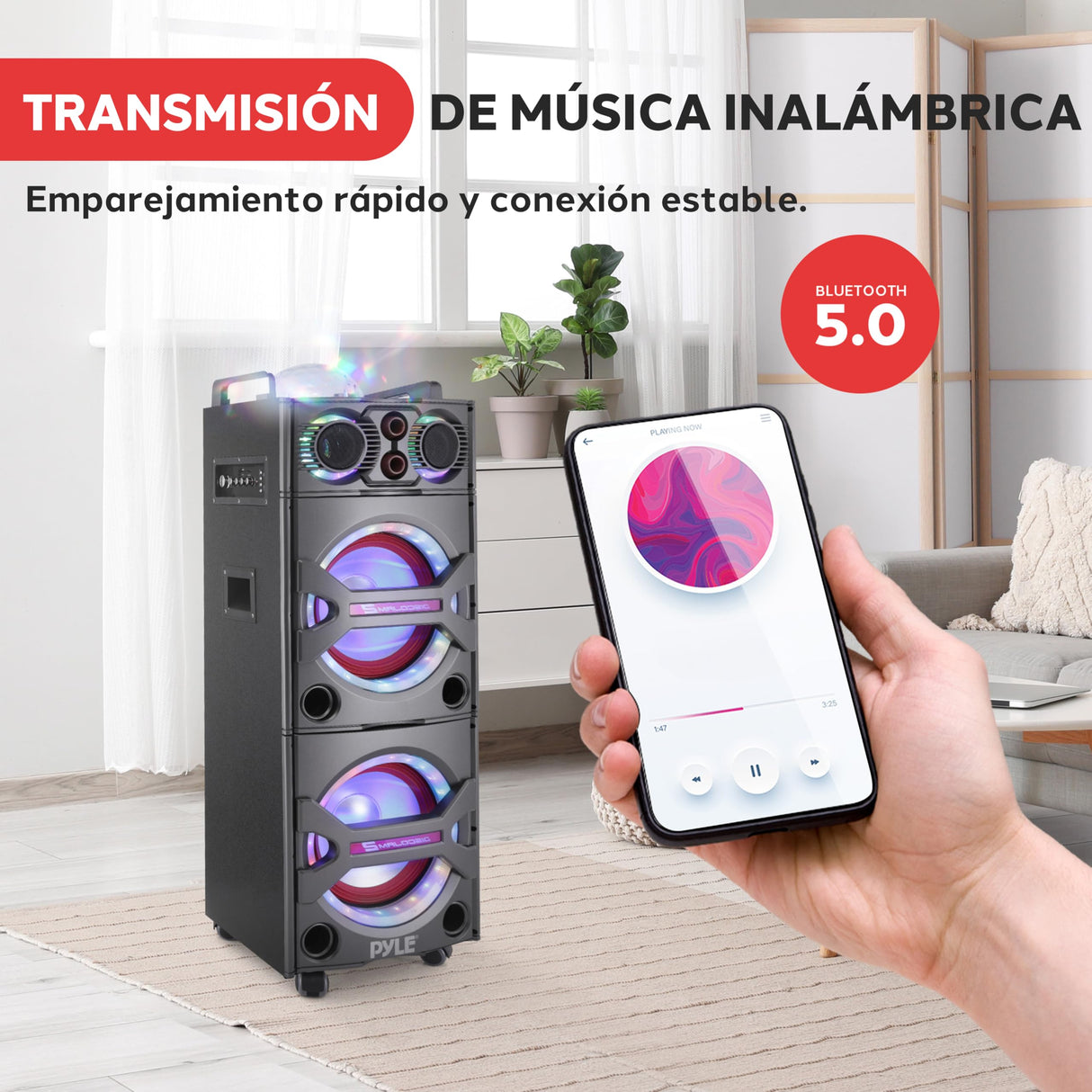 PYLE Altavoz Bluetooth, PA, 2000W, Portatil, Recargable, Exteriores, Subwoofer de 10”, Tweeter de 1”, función de grabación, micrófono, Luces de Fiesta, Radio USB/SD