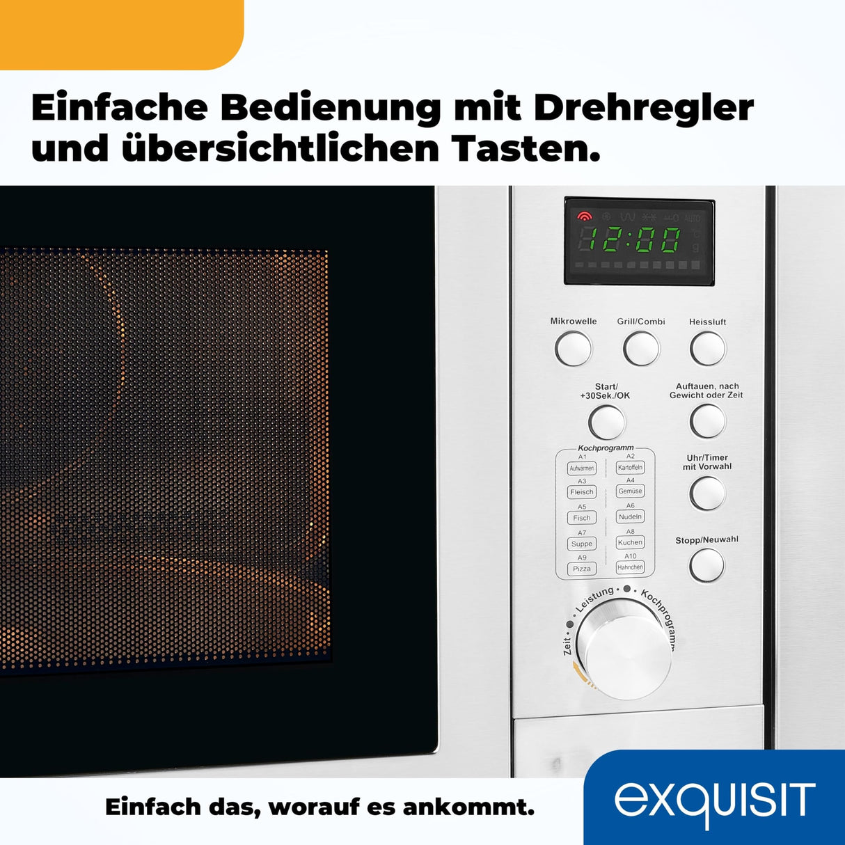 Exquisit® Microondas Combi de Encastre con Marco, 25L, 900W, Grill 1100W, 10 Niveles de Potencia en Función Convección, Acabado Acero Inox, Display Digital, Plato 31,5Cm, Medidas 38,2x59,5x1,9 Cm.