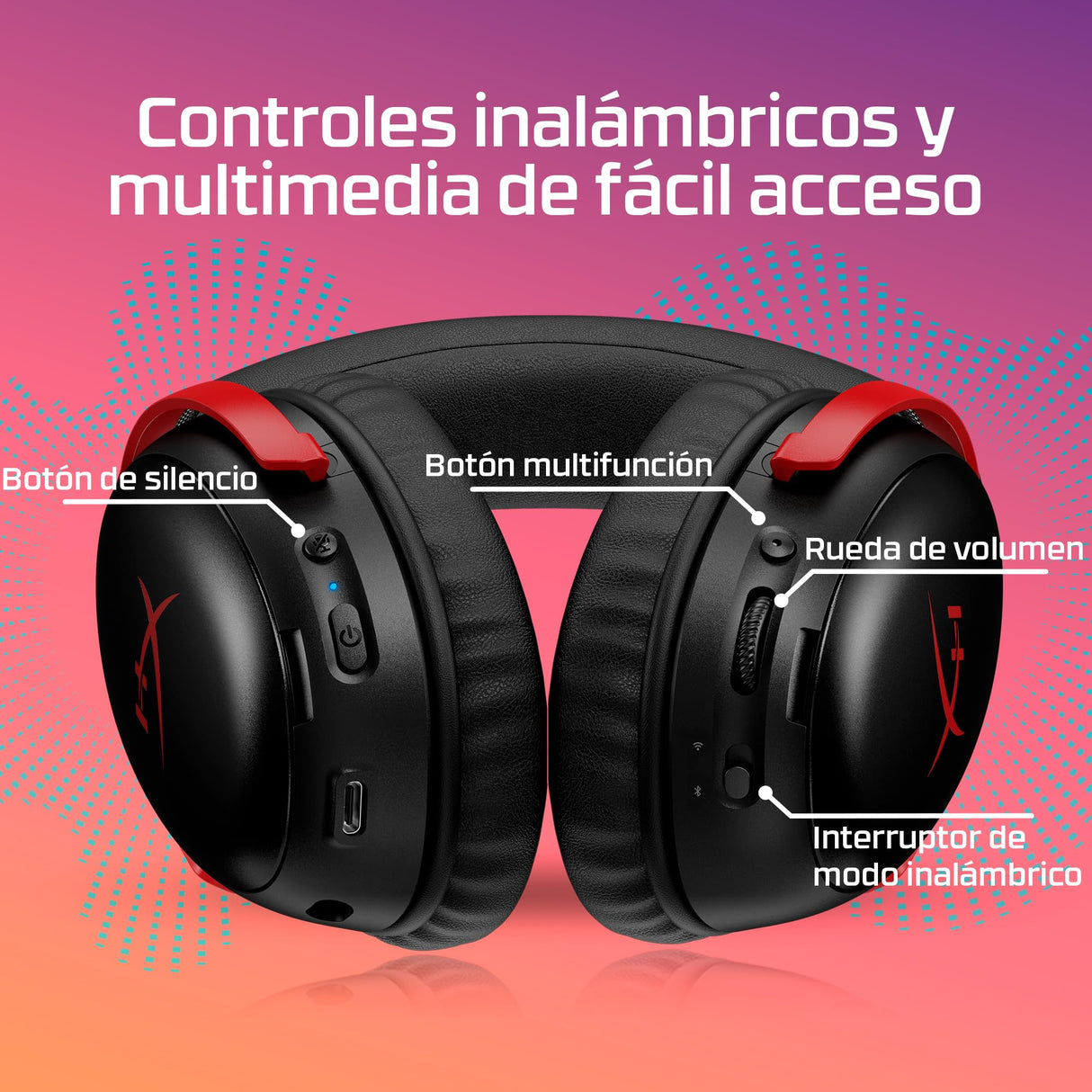 HyperX Cloud III S - Auriculares Gaming inalámbricos, Bluetooth, 2.4Ghz, PC, PS5, Xbox, Drivers 53 mm, DTS, micrófono 10mm, batería hasta 200h, Rojo-Negro
