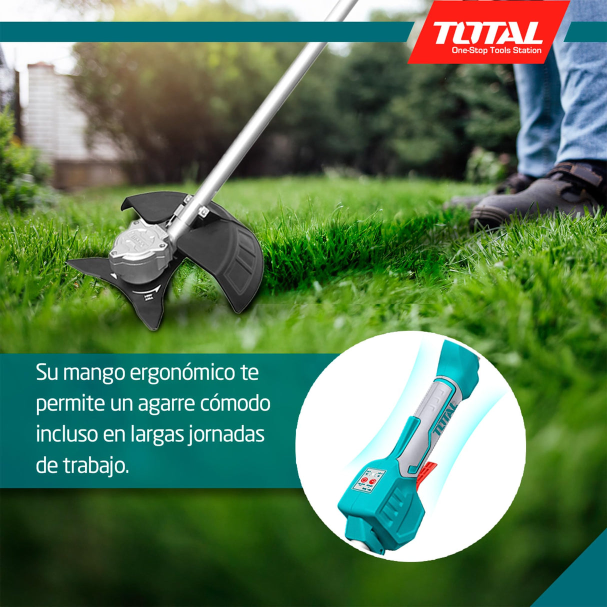 TOTAL - Desbrozadora Brushless A Batería | Batería de 20V de Larga Duración | Incluye Cabezal de Hilo y Disco de 3 Puntas | Ligero y Cómodo, Fácil de Manejar