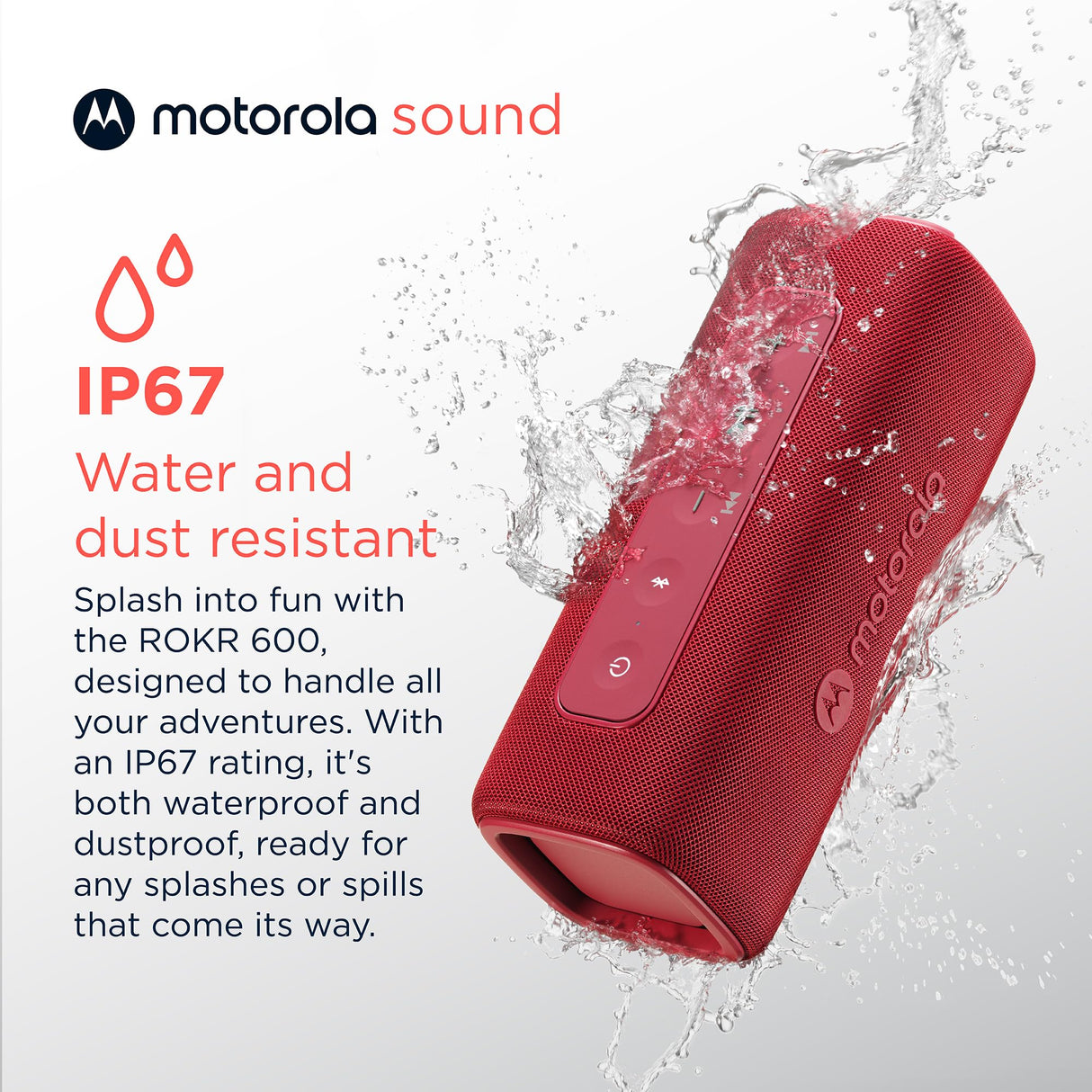 Motorola Sound - Altavoz Inalámbrico Bluetooth ROKR 600 - Potente Sonido de 30W, Resistente al Agua y Polvo, Función Broadcast para Conectar 20+ Altavoces, 6 Horas de Reproducción, Rojo