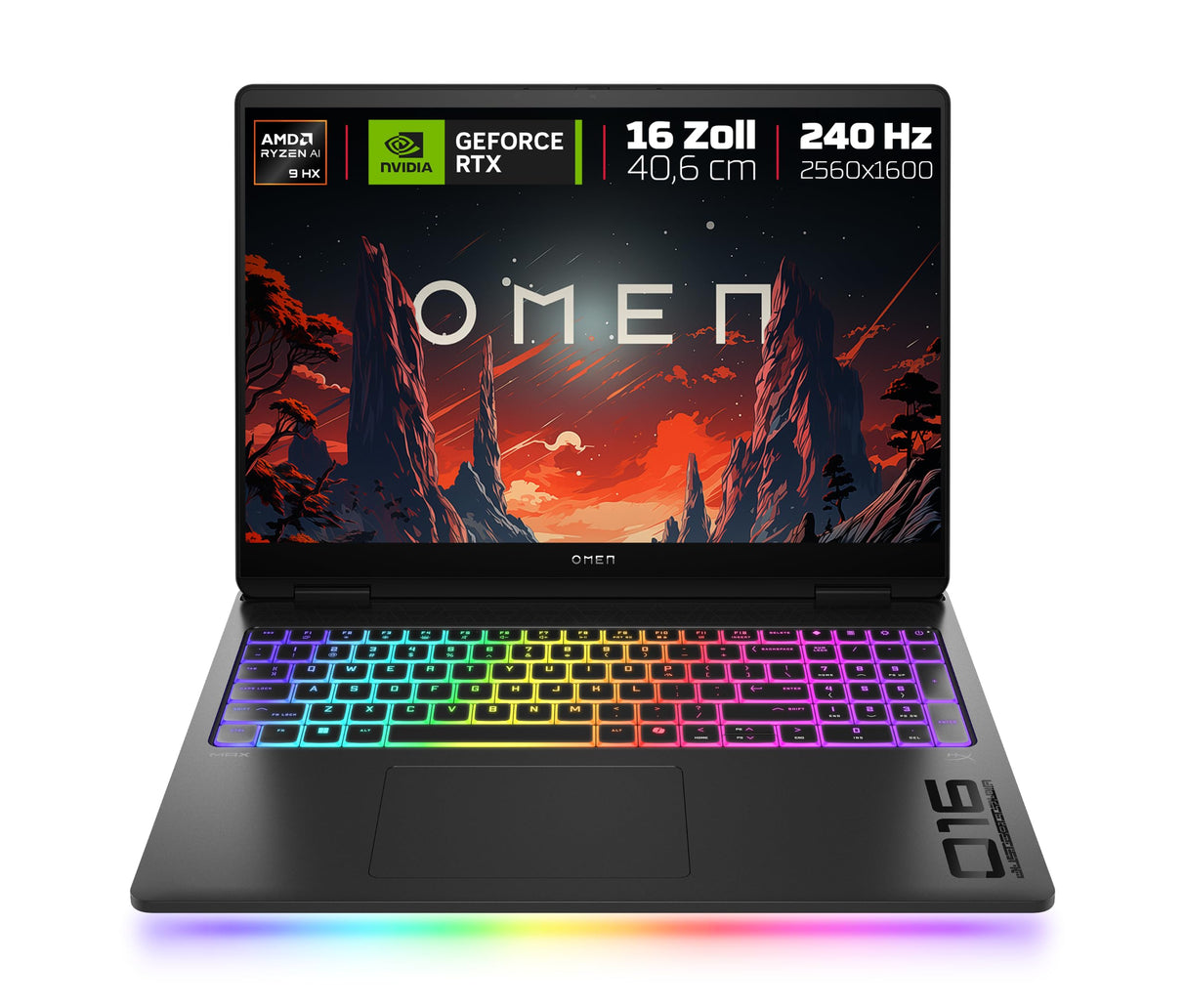 HP Omen MAX Gaming Laptop 16" WQXGA Display 240 Hz, AMD Ryzen AI 9 HX 375 (12C) 55 NPU Tops - hasta 5,1 GHz, NVIDIA GeForce RTX 5080 16GB VRAM, 32 GB RAM, 1 TB SSD, Win 11, QWERTZ, RGB, Negro