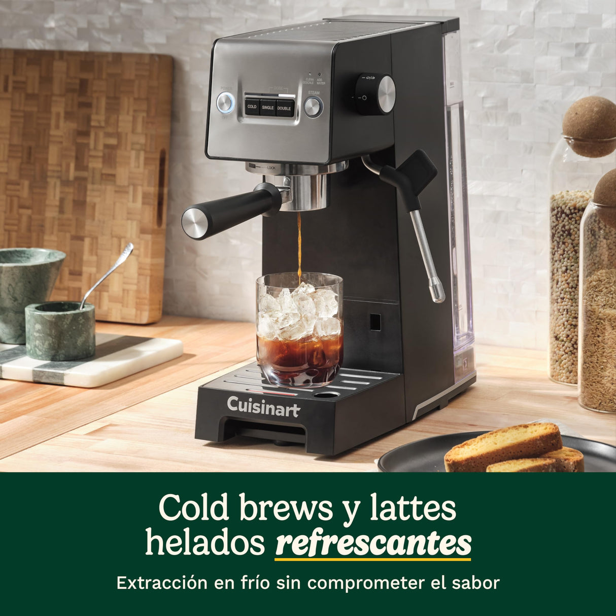Cuisinart® Máquina de Espresso Slim | Espresso, Americano, Cold Brew | Vaporizador de leche | 15 bares | Portafiltro sin fondo | Compacta | 1,5L | Tazas de viaje