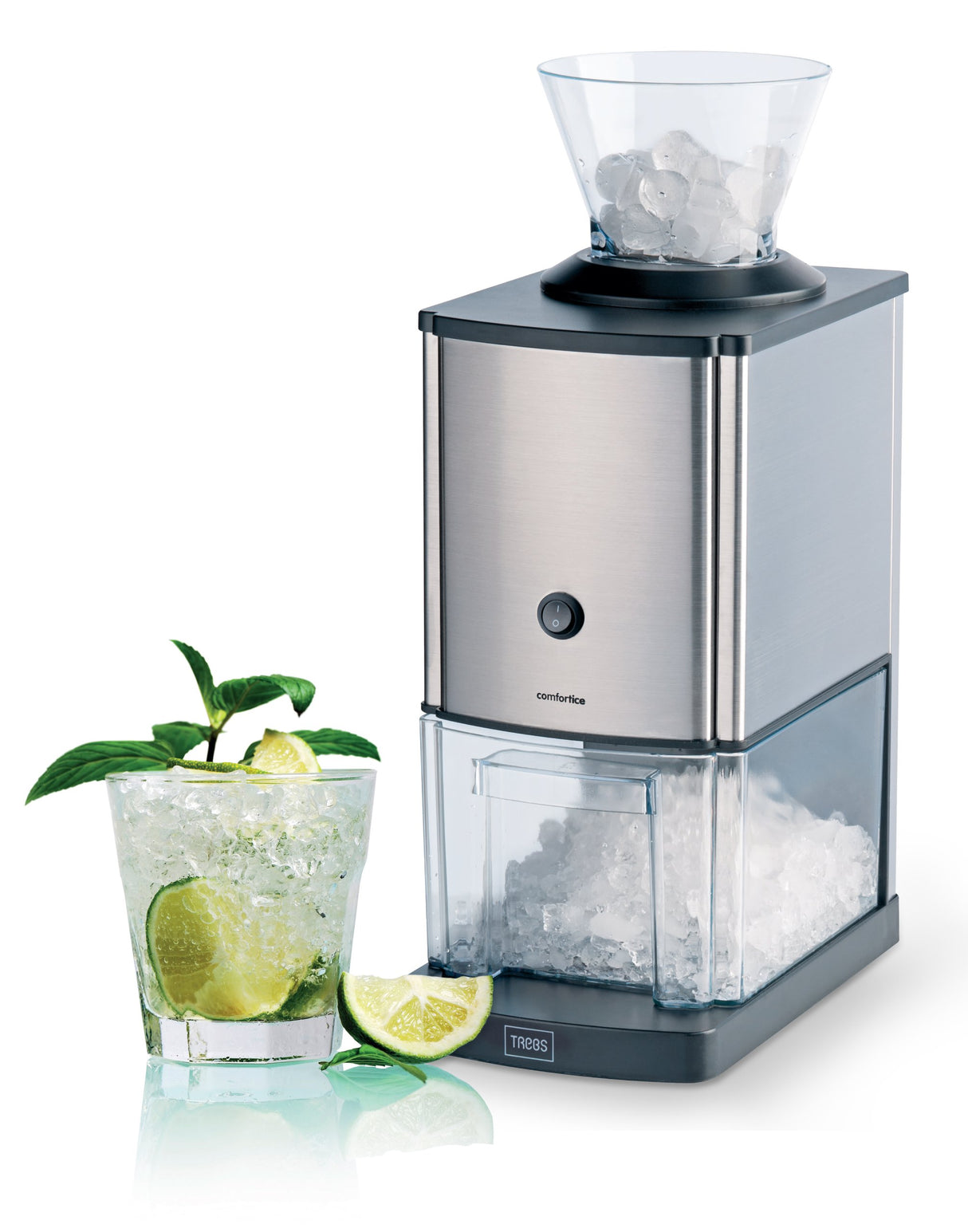 Trebs 21114 - Picadora de hielo / Comfortice, acero inoxidable, ideal para refrescos, cócteles o la preparación de postres fríos (1 kg de hielo picado por minuto, capacidad de 3 litros, 80 vatios)