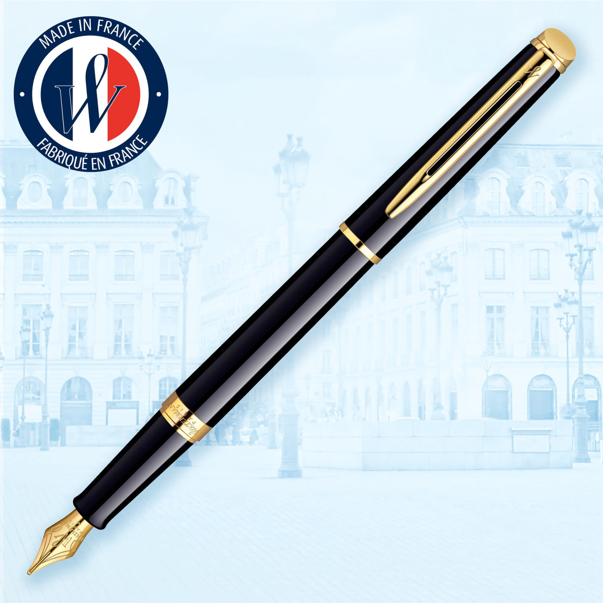 Waterman Hémisphère pluma estilográfica | color negro brillante con adorno de oro de 23 quilates | plumín mediano con cartucho de tinta azul | estuche de regalo