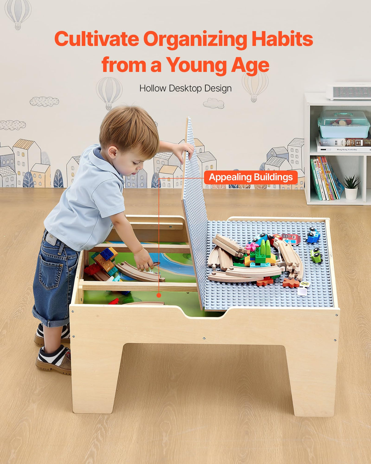 VEVOR Mesa de Juego de Actividades Multiusos con 290 Bloques de Construcción y 30 Accesorios 810x536x395 mm Mesa de Actividades de Madera con Espacio de Almacenamiento para Facilitar Organización