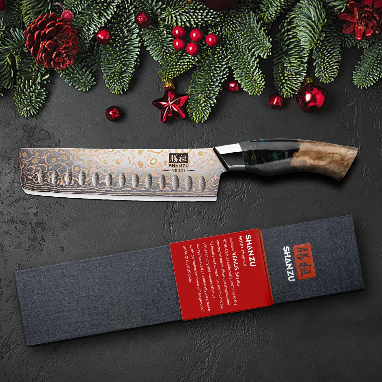 SHAN ZU Cuchillo Nakiri Damasco de Cobre y Acero 33 capas, Cuchillo de Cocina Damas, Cuchillo para Verdura Japonés Forjado a Mano con Mango de Madera de Arce - VENUS Series