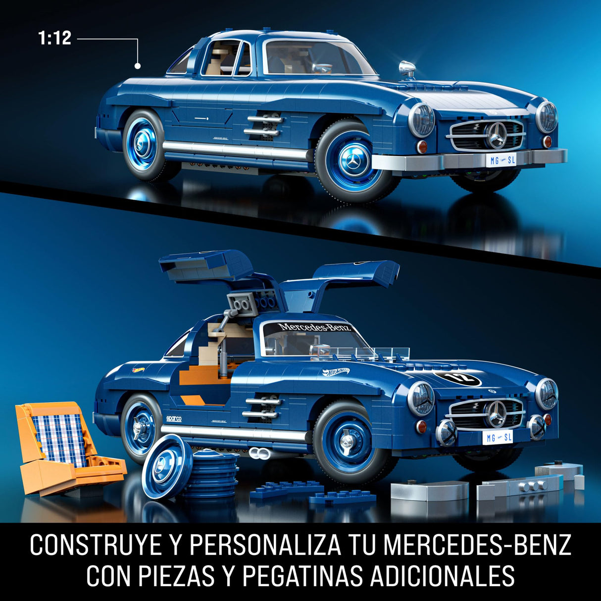 Mattel Brick Shop Hot Wheels Premium Series , juego de construcción Mercedes-Benz 300 SL. 1600 piezas, detalles realistas y piezas metálicas, para adultos coleccionistas, HWW25