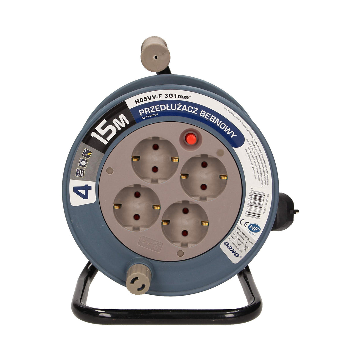 Orno AE-1339 Mini Tambor De Cable 15m con 4 tomas de corriente, soporte de metal y protección térmic (Gris)