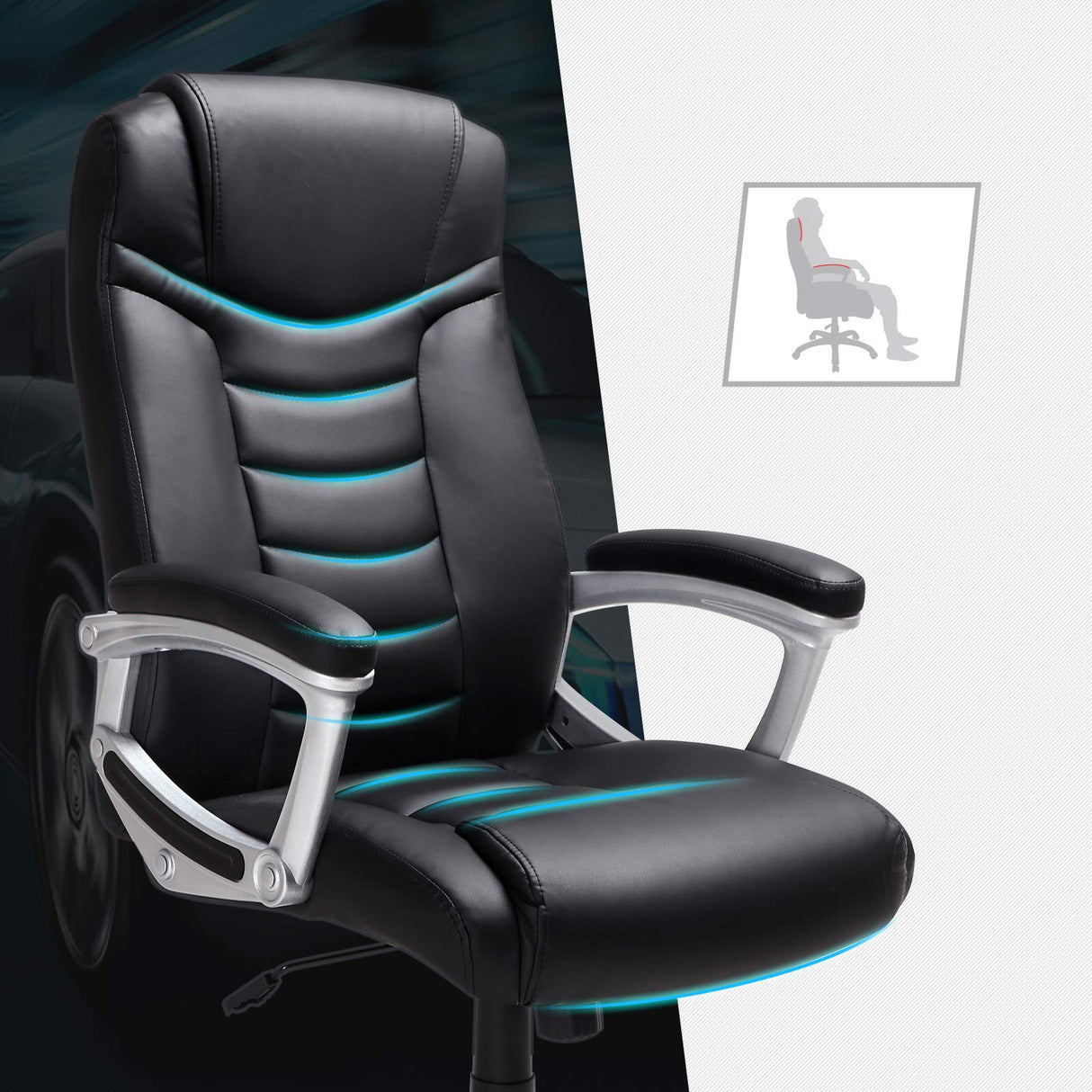 SONGMICS Silla de Oficina, Silla de Escritorio, Altura Ajustable, Ergonómica, Tapizada en PU, Carga de 150 kg, Negro OBG21B