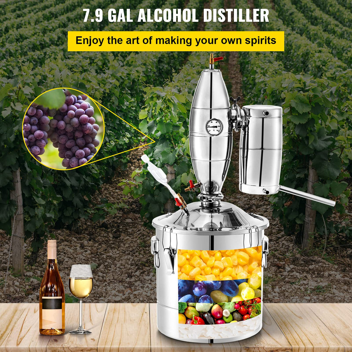 VEVOR Destilador de Alcohol 30 L Alambique Destilación Alcohol de Acero Inoxidable 304 Destilador Moonshine 0-150 ℃ Destilador de Bebida para la Elaboración Casera de Vino Cerveza o Agua con Vinómetro