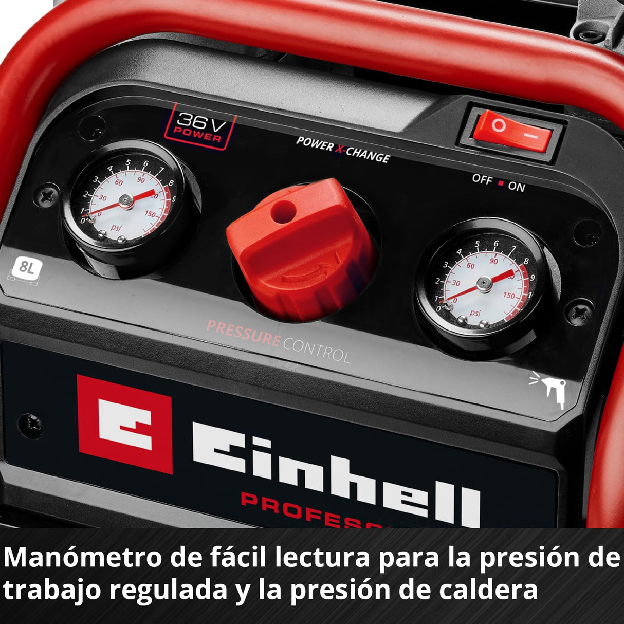 Einhell Professional Compresor con batería SILENZZO 36/210 Power X-Change (36 V, máx. 8 bar, depósito de 8 l, potencia de aspiración 210 l/min, manómetro, sin aceite, silencioso, sin batería)