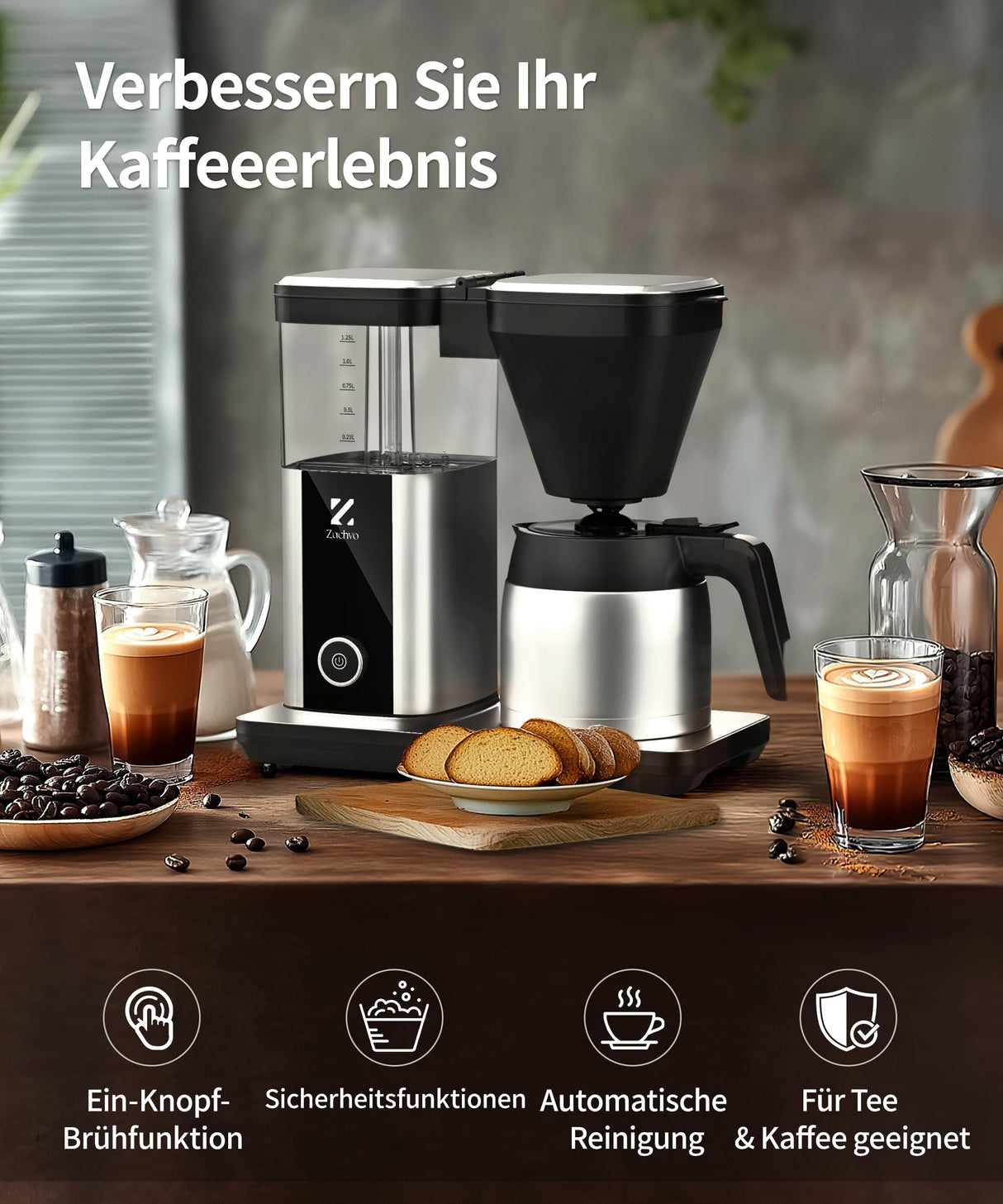 ZACHVO Cafetera de Goteo con Jarra Térmica de 1,25L, 4,5 Min. de Preparado Rápido, Control PID a 92°C, Sistema Antigoteo 30s, Filtro Reutilizable, Limpieza Automática, Libre de BPA, Acero inoxidable