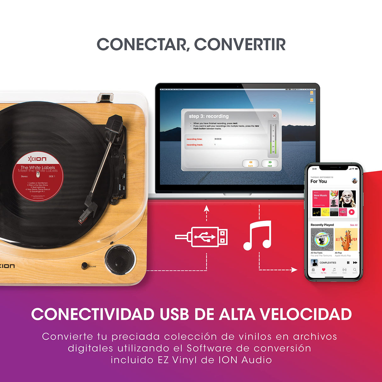 ION Audio Max LP - Reproductor de discos de vinilo Bluetooth con altavoces integrados y USB, color madera