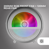Mars Gaming MC- CYLON, Caja Gaming MicroATX, Diseño Cilíndrico de Turbina, Panel Cristal Templado y Ventana Superior Curvada Panorámica, Ventilador Frontal RGB 200mm + Ventilador Trasero 120mm, Blanco