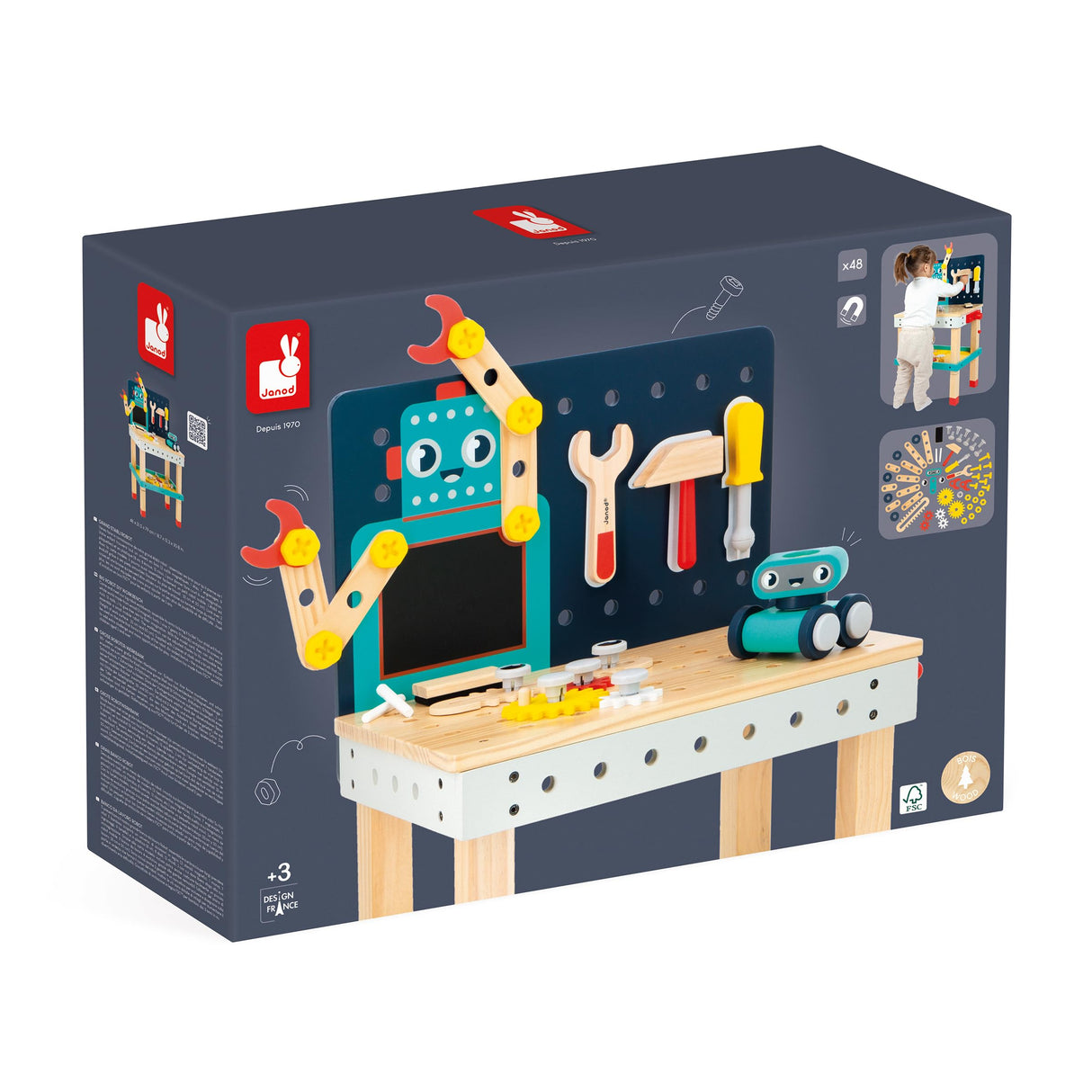 Janod - Mesa Grande Robot Brico'Kids - Juego de Bricolaje Infantil - 51 Accesorios + 3 Herramientas + 1 Robot - Juego de Imitación - Desarrolla la Motricidad Fina - A Partir de 36 Meses, J06457