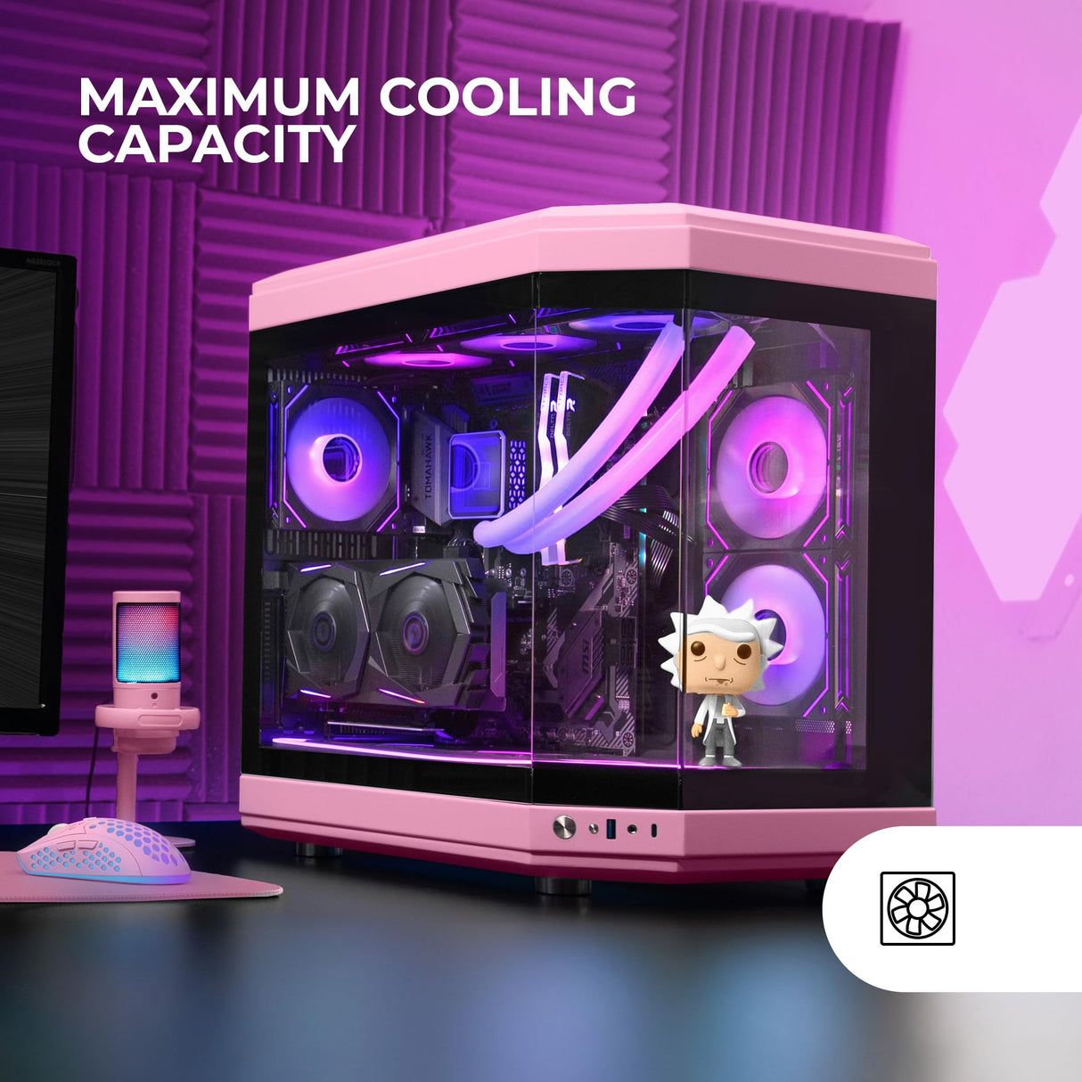 Mars Gaming MC-3T, Caja Gaming Custom ATX, Triple Ventana Cristal Templado Continuo, Soporte Refrigeración Líquida Completo, Cámara Dual Lateral, 3X Slots PCI Verticales, USB-C y USB 3.0, Rosa