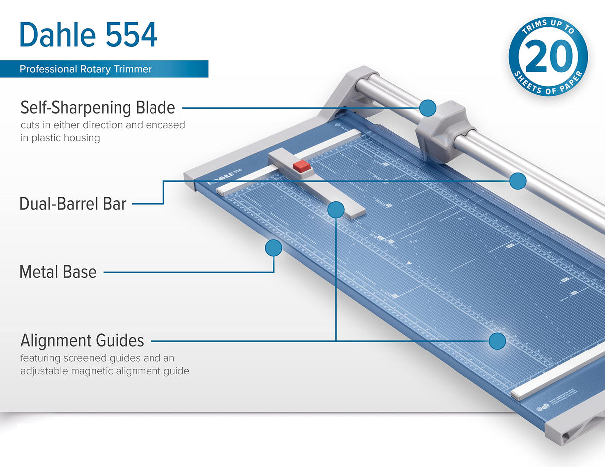 Dahle 554 - Cizalla rotativa profesional, longitud de corte de 71 cm, capacidad de 20 hojas, autoafilado, barra de guía doble, abrazadera automática, cortador de papel de ingeniería alemana