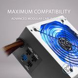 MARSGAMING MPZE750 - Fuente de alimentación gaming para PC (750 W, 80 plus silver, PFC activo, modular, 10 sistemas de protección, iluminación LED, ventilador 14 cm), color blanco